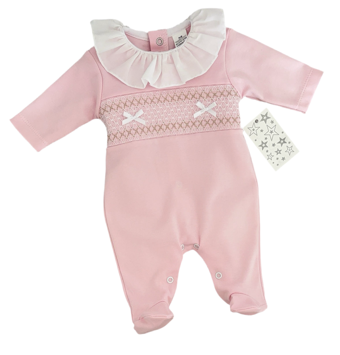 Baby girls smocked all in one with frilled collar
