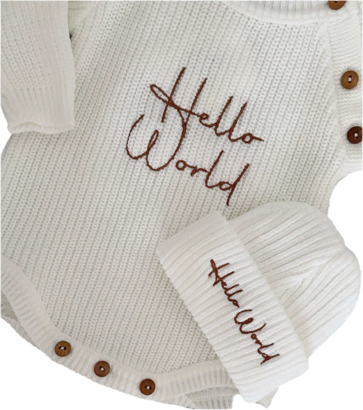 Baby knitted romper with hat “Hello world”