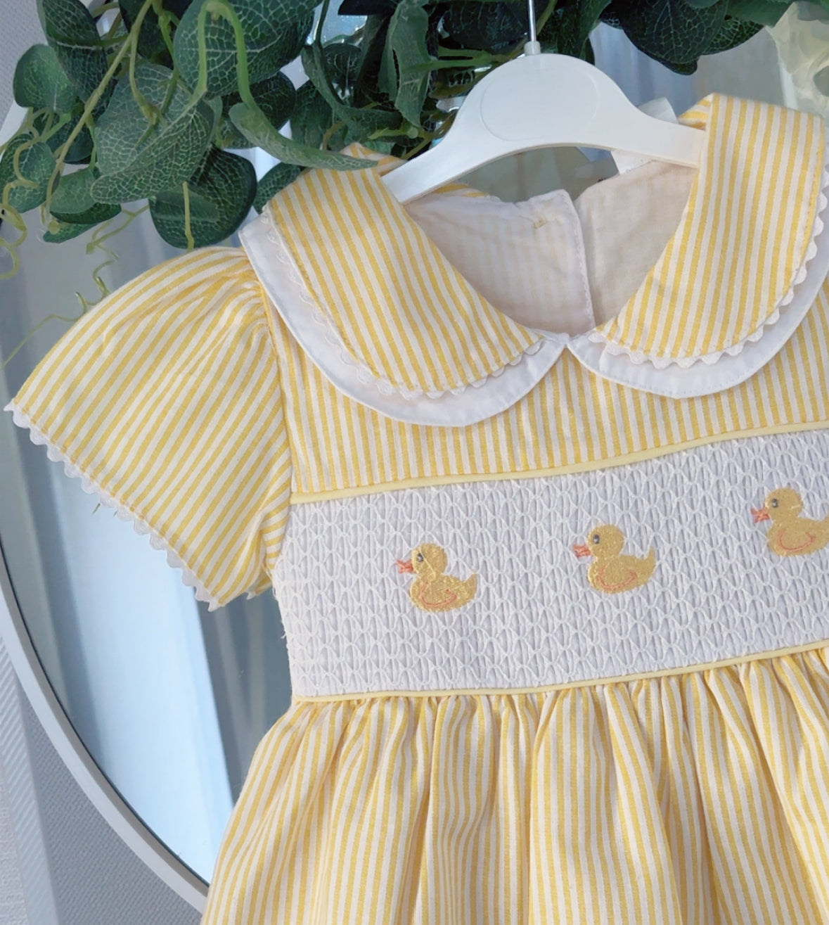Baby girls smocked “Duckling” dress with knickers and headband