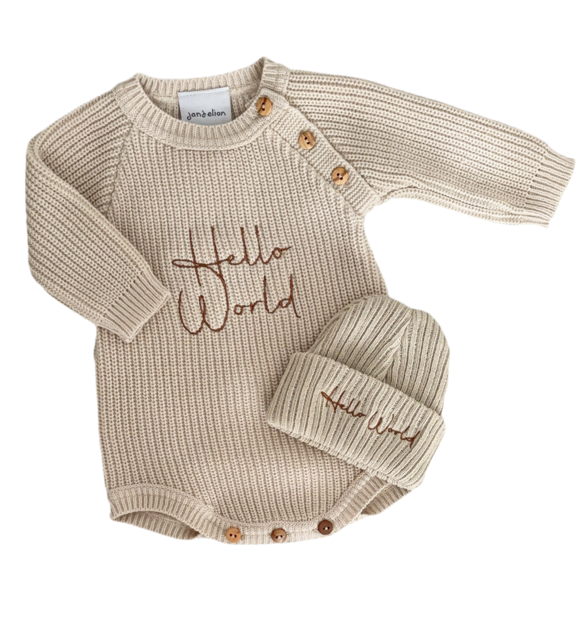 Baby knitted romper with hat “Hello world”