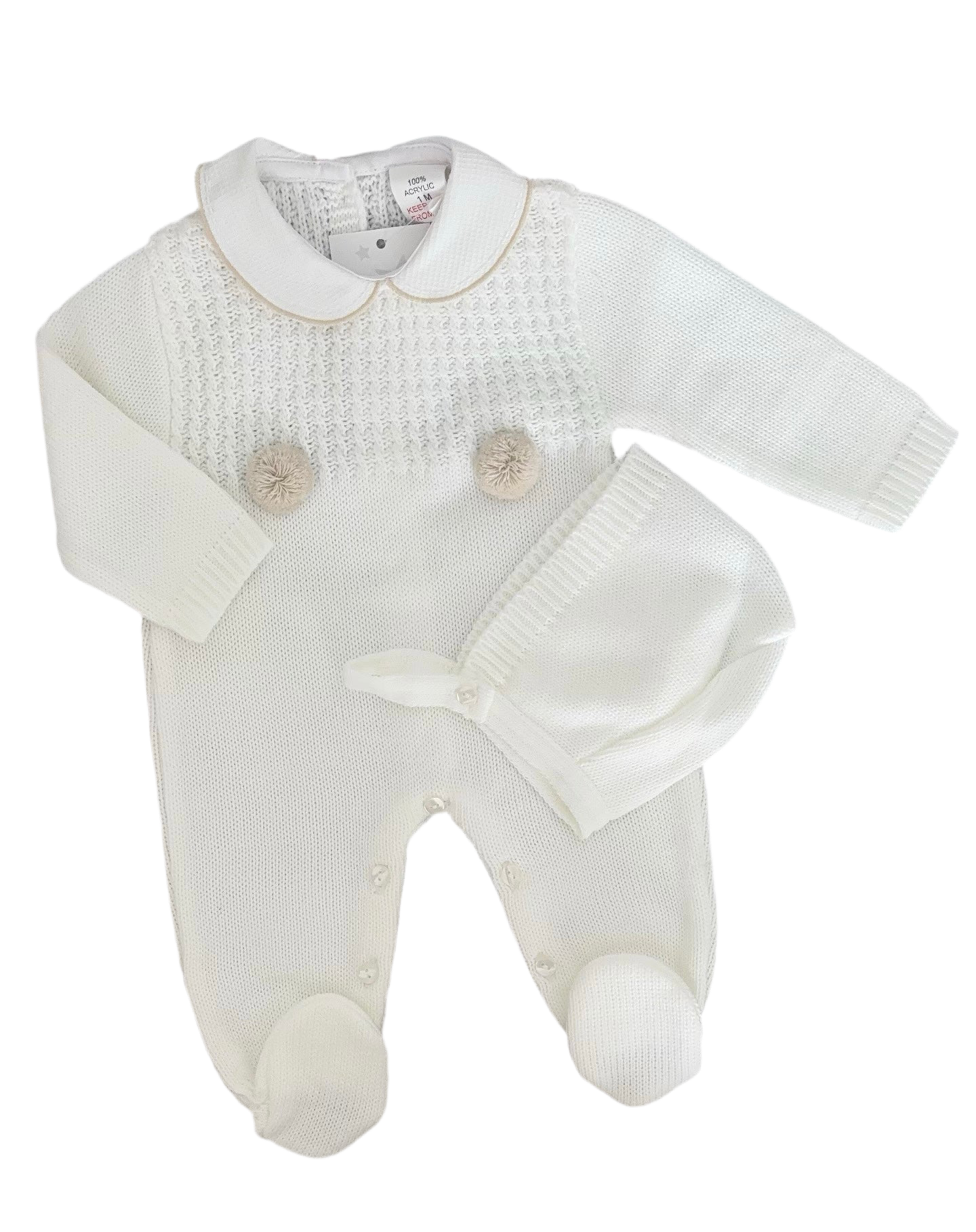 Unisex ivory knitted all in one with bonnet