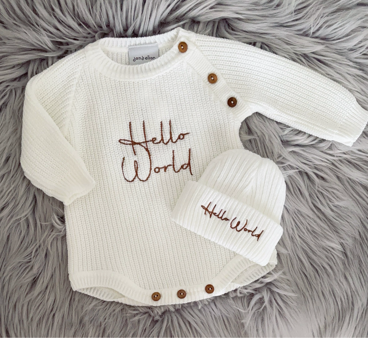 Baby knitted romper with hat “Hello world”