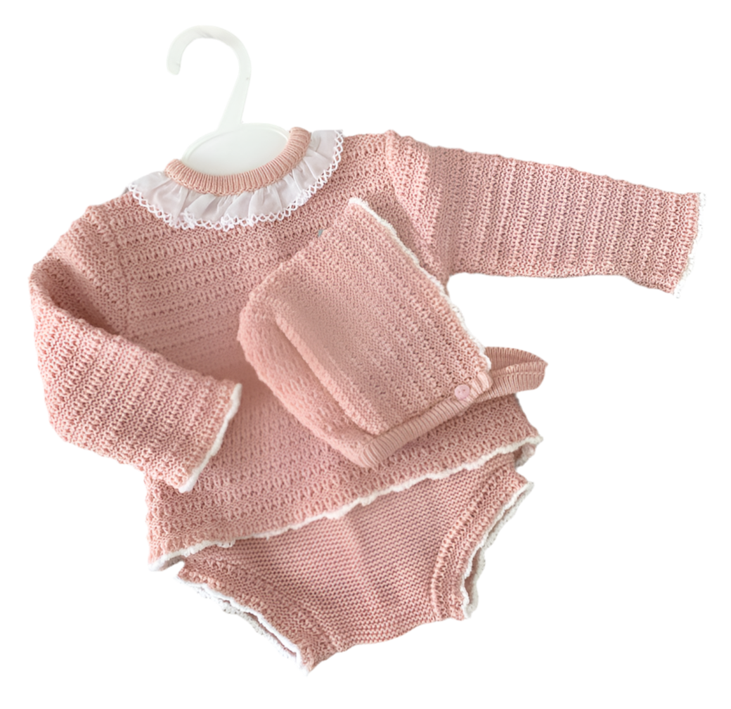 Baby girls knitted jumper with jam pants & bonnet