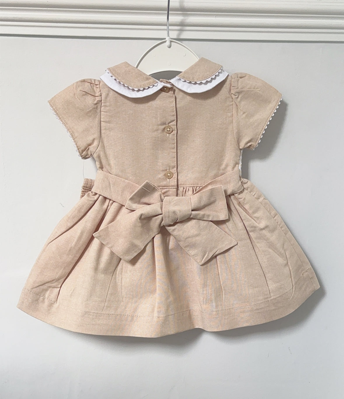 Baby girls traditional “Teddy” smocked dress with knickers and headband