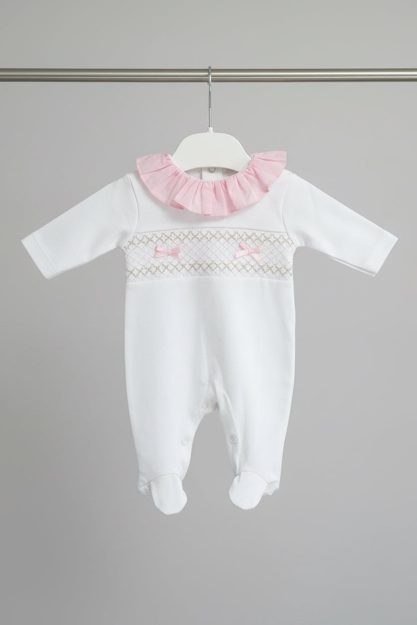 Baby girls smocked all in one with frilled collar