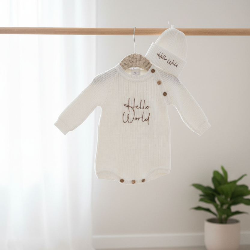 Unisex knitted romper with hat “Hello world”