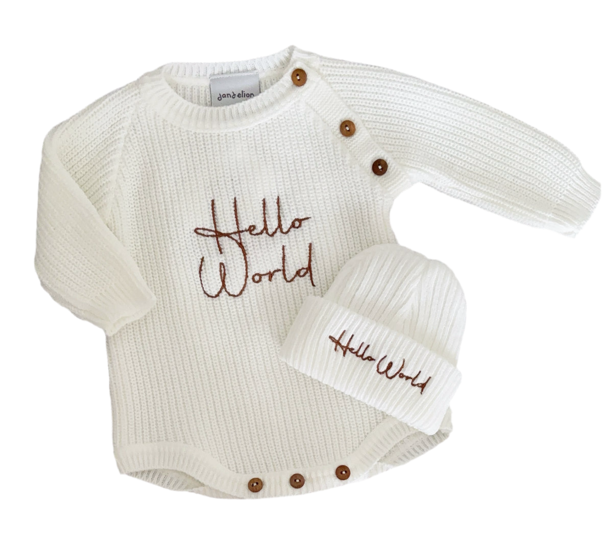 Baby knitted romper with hat “Hello world”