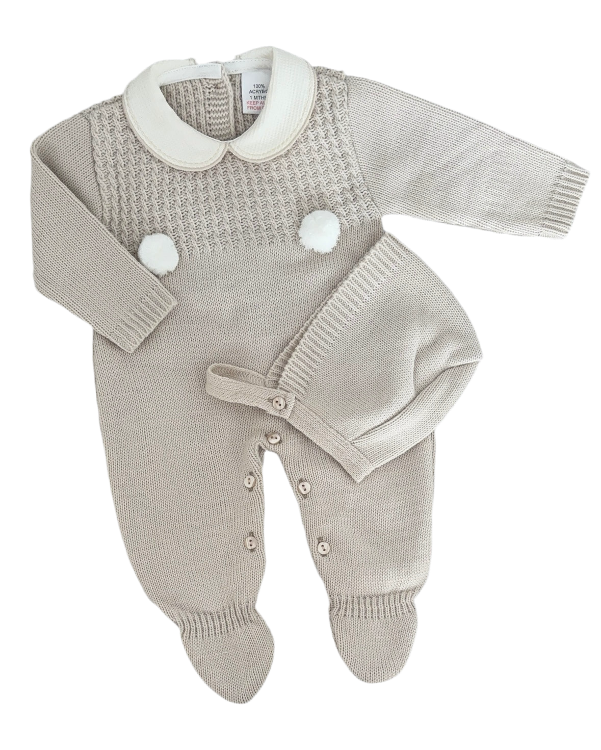Unisex beige knitted all in one with bonnet