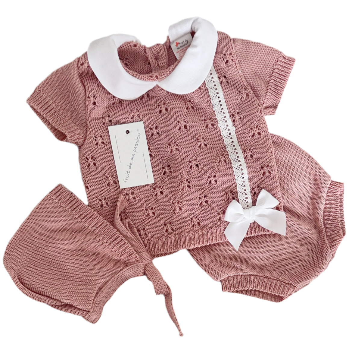 Portuguese rose pink knitted jam set with bonnet - One size newborn-3m