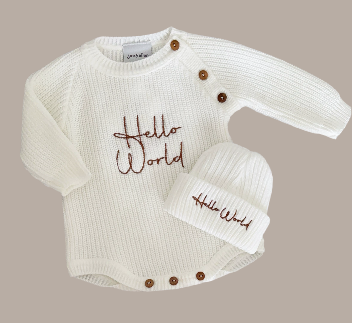 Baby knitted romper with hat “Hello world”