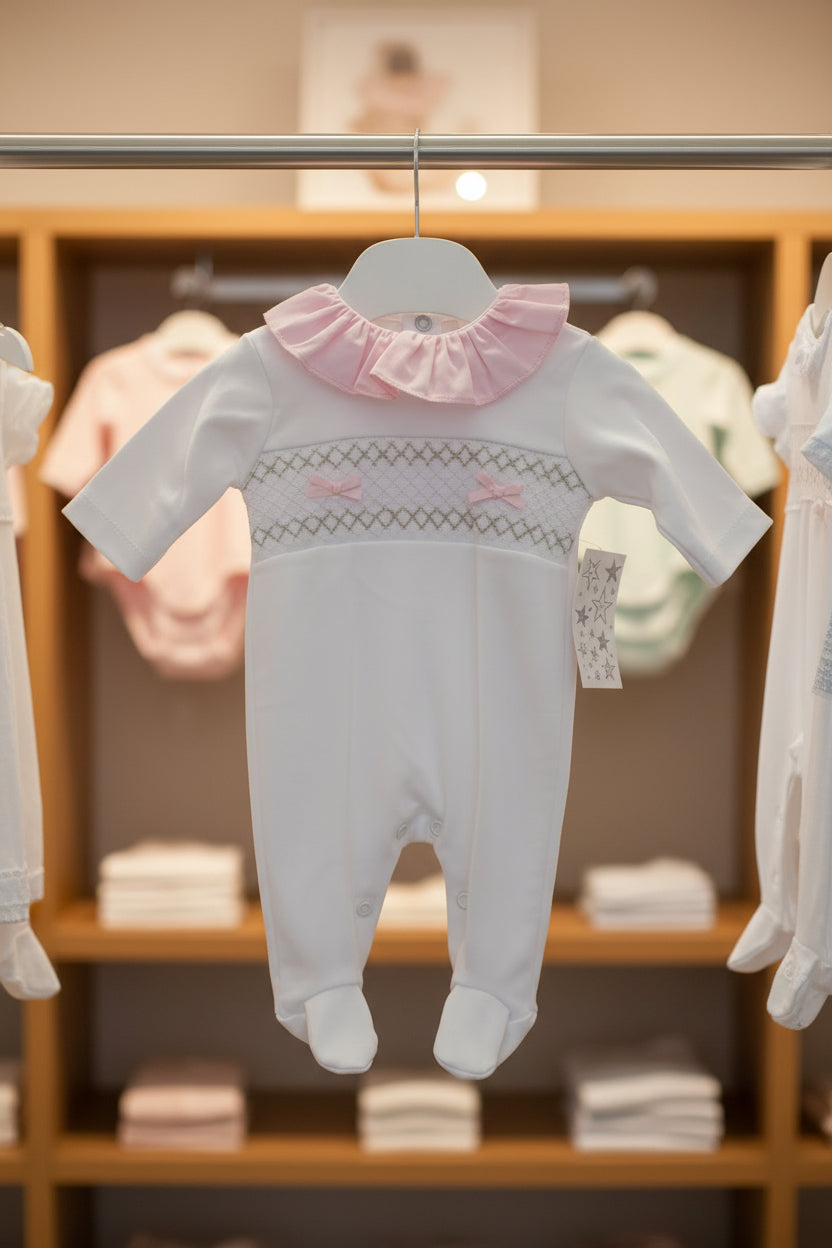 Baby girls smocked all in one with frilled collar