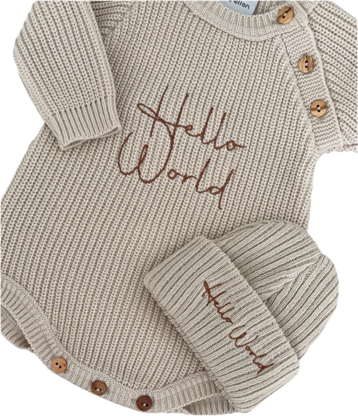 Baby knitted romper with hat “Hello world”