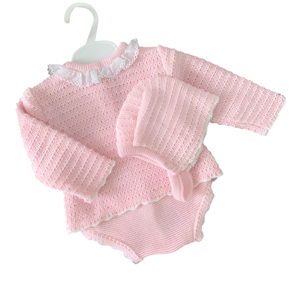 Baby girls knitted jumper with jam pants & bonnet
