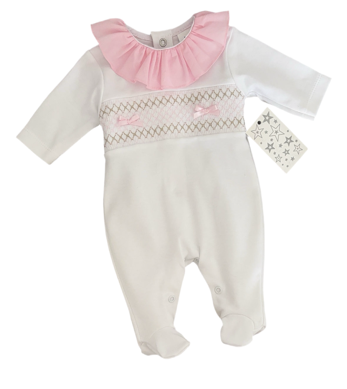 Baby girls smocked all in one with frilled collar