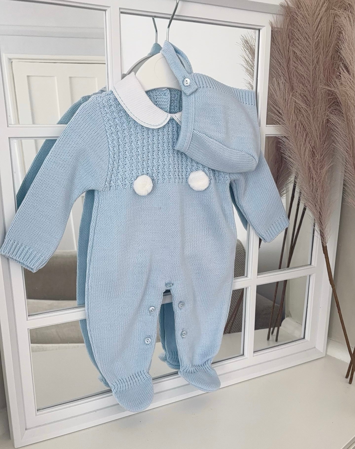 Baby boys knitted all in one with bonnet