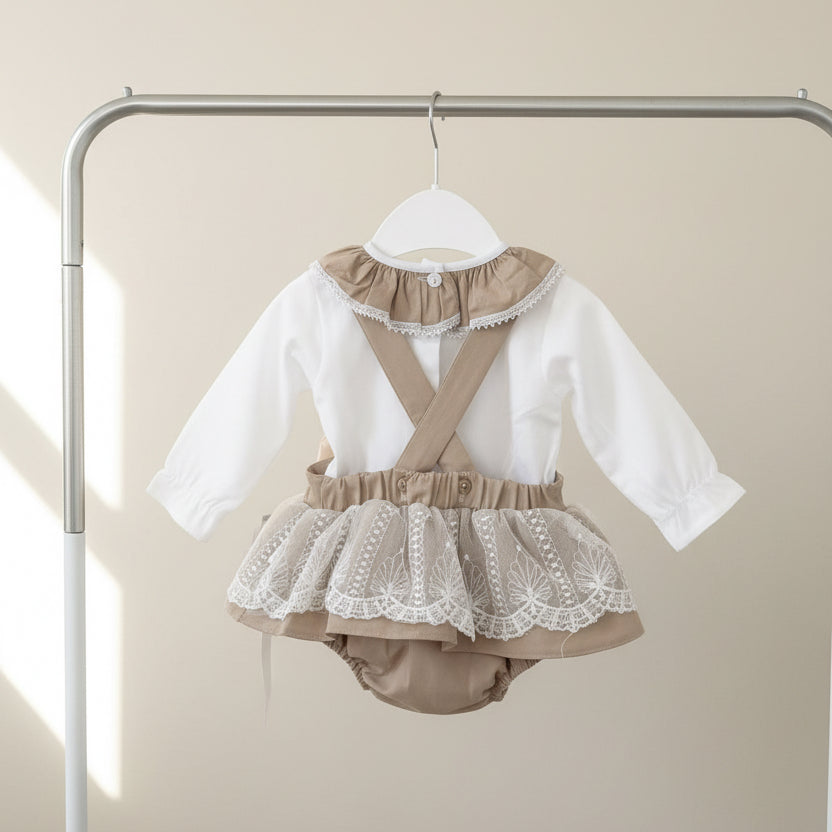 Baby girls beige “Penelope” lace pinafore dress and blouse set