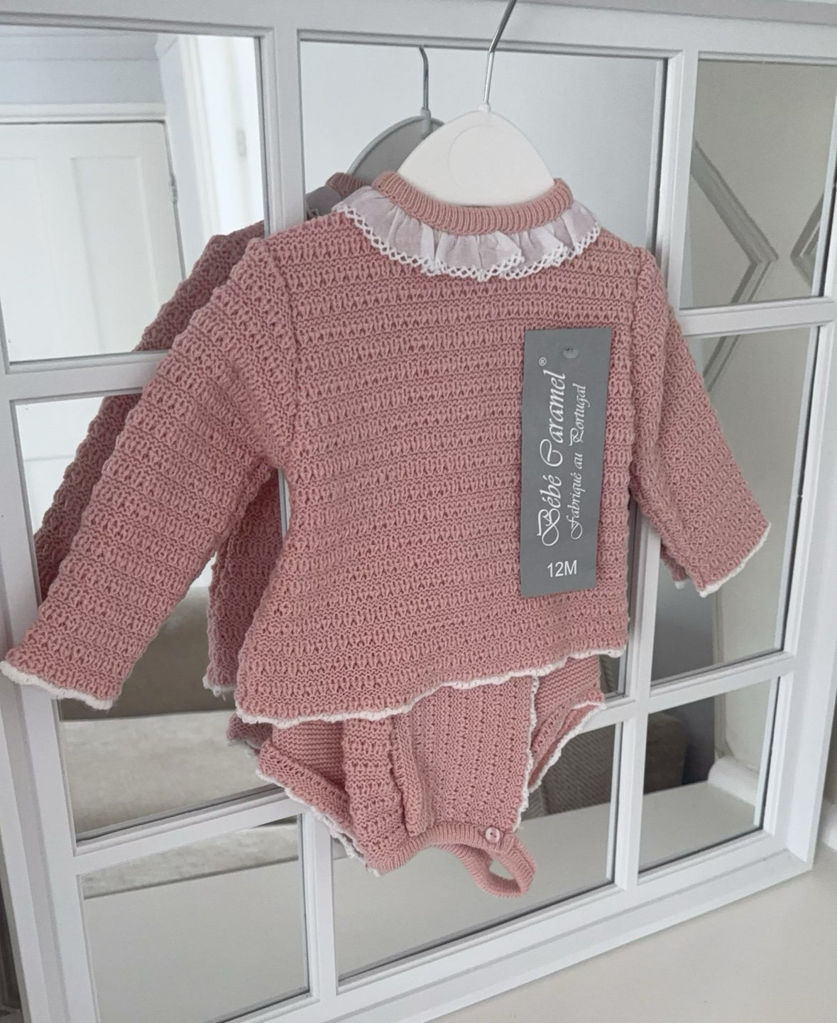 Baby girls knitted jumper with jam pants & bonnet