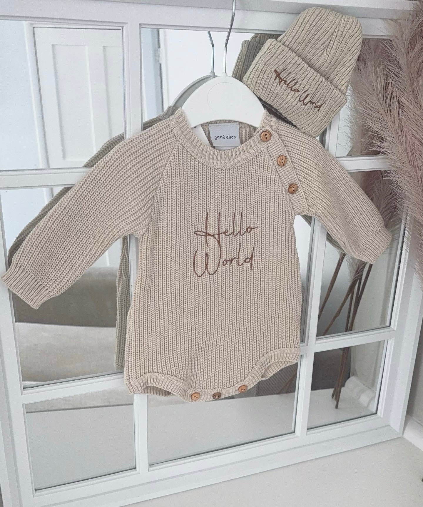 Baby knitted romper with hat “Hello world”