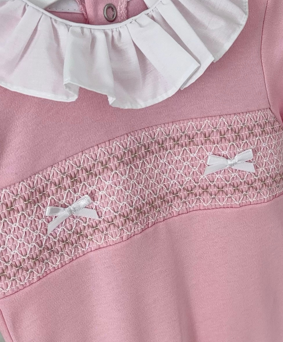 Baby girls smocked all in one with frilled collar