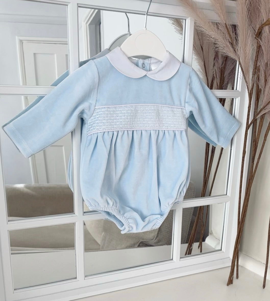 “Albert” smocked Velour Romper
