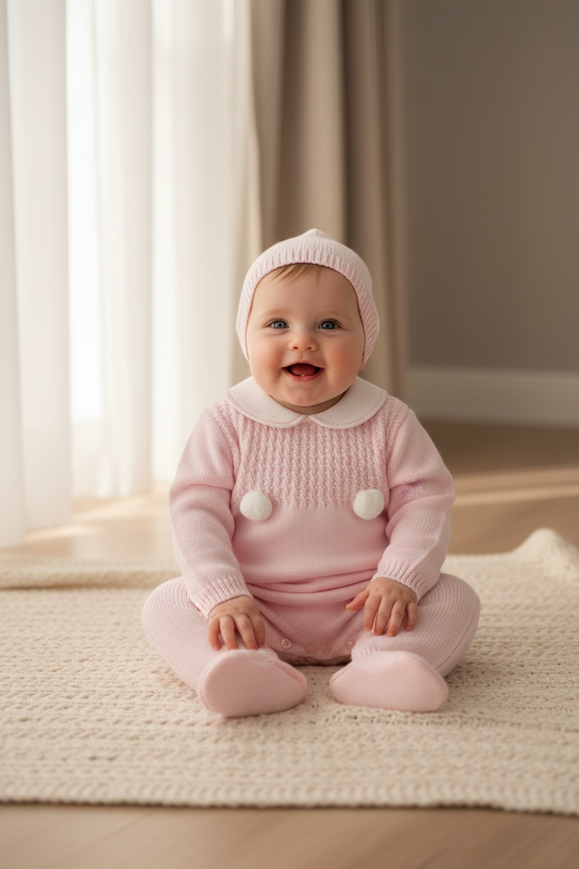 Baby girls knitted all in one with bonnet