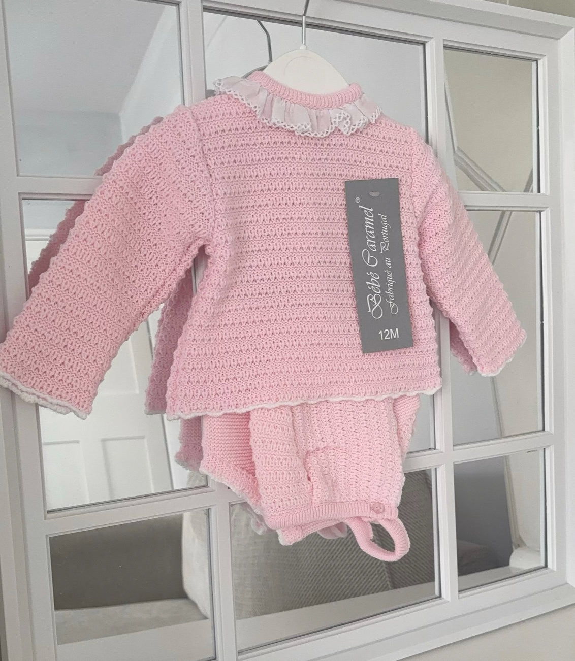 Baby girls knitted jumper with jam pants & bonnet