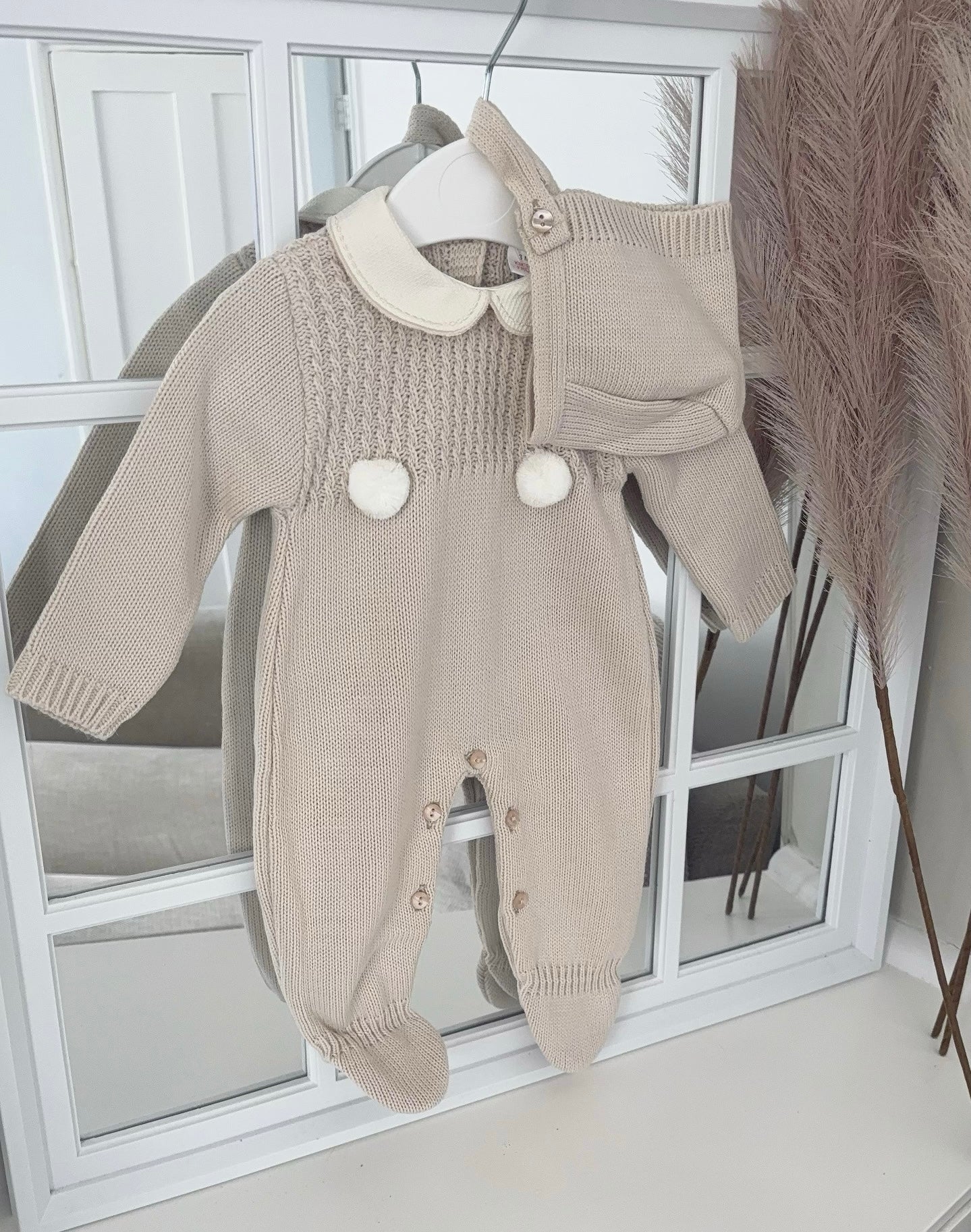 Unisex beige knitted all in one with bonnet