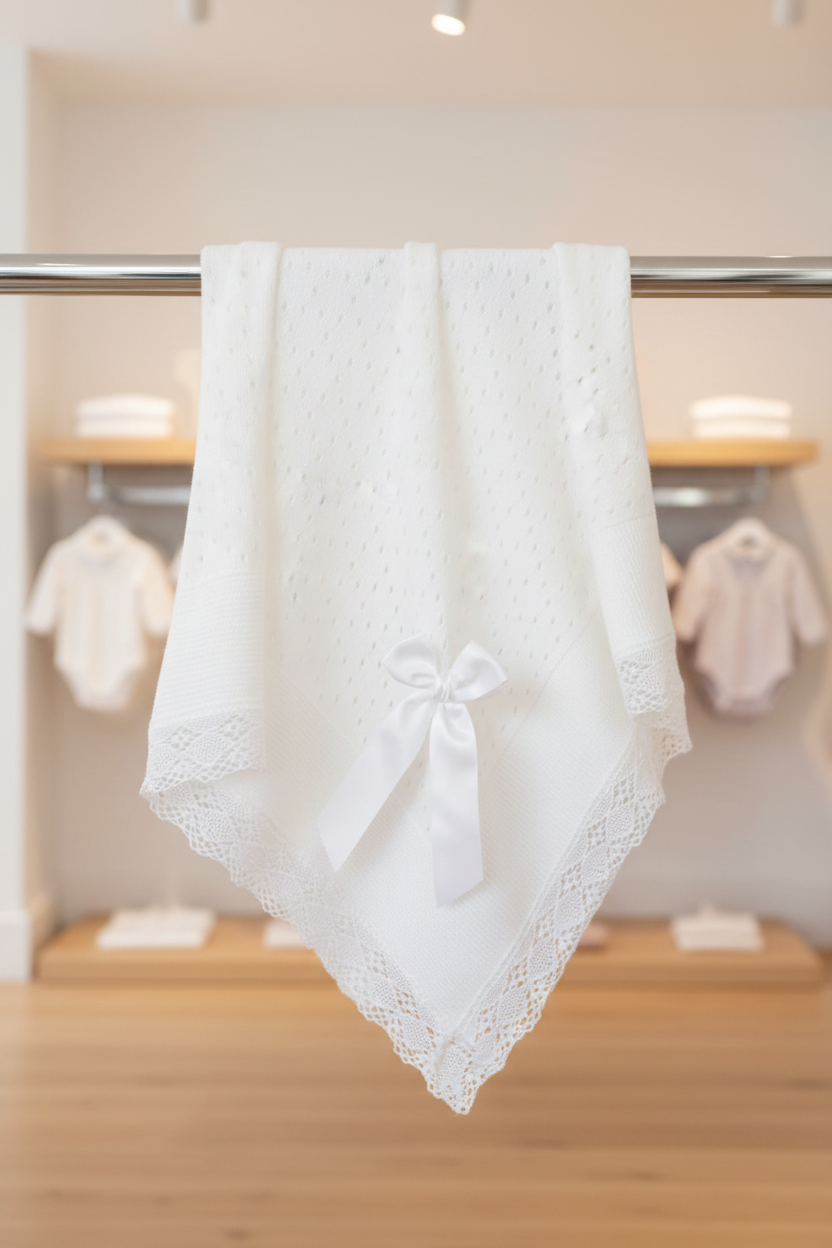 Crochet lace and ribbon shawl - White