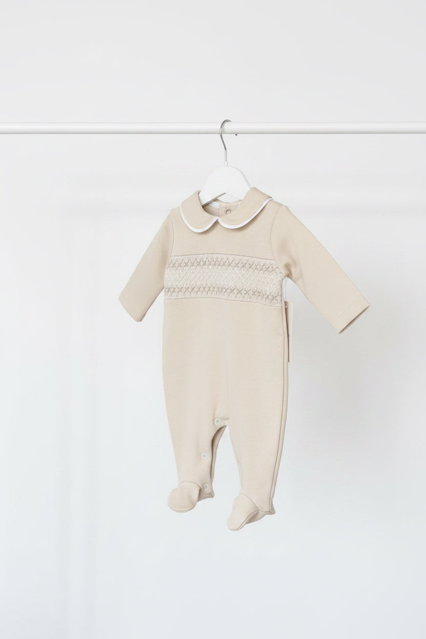 Unisex beige smocked all in one