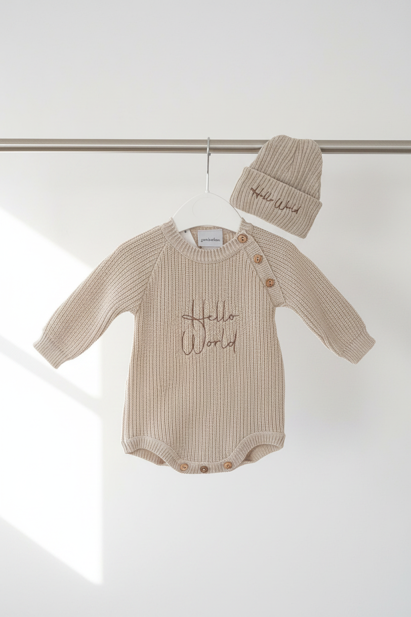 Unisex beige knitted romper with hat “Hello world”