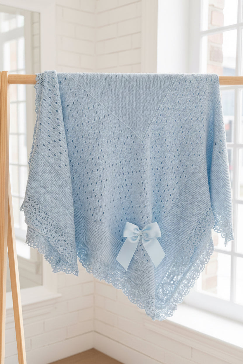 Crochet lace and ribbon shawl