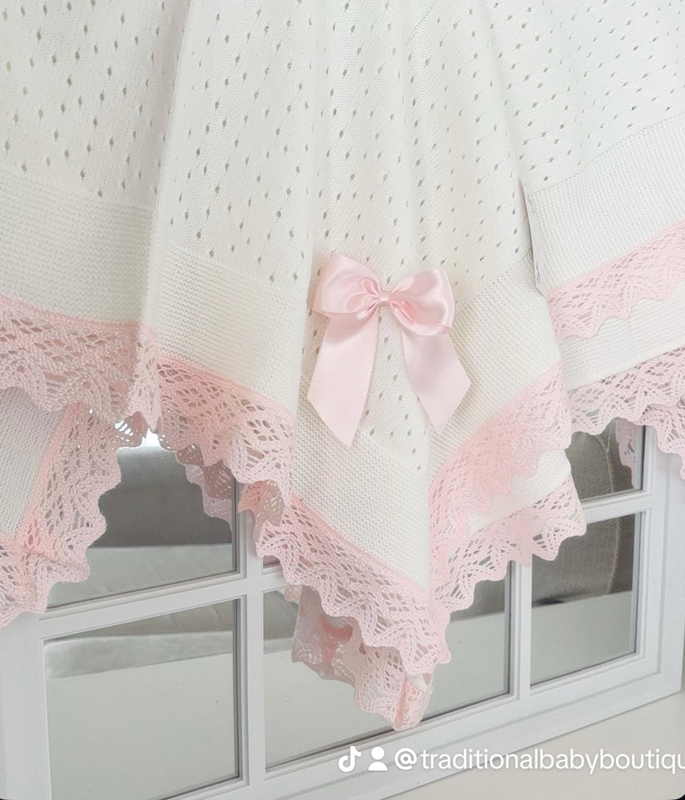 Crochet lace and ribbon shawl