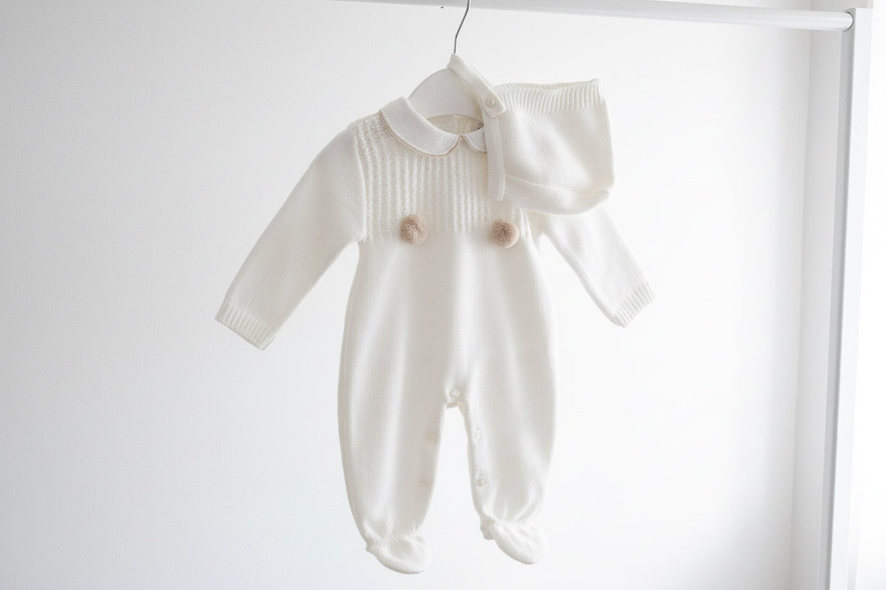 Unisex ivory knitted all in one with bonnet