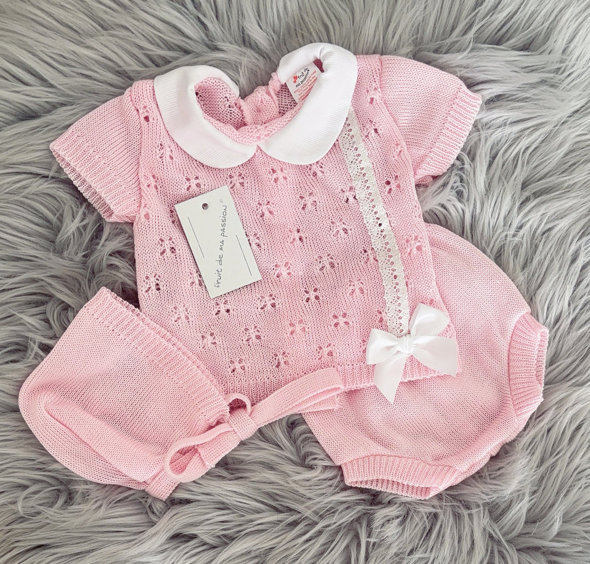 Portuguese pink knitted jam set with bonnet - One size newborn-3m