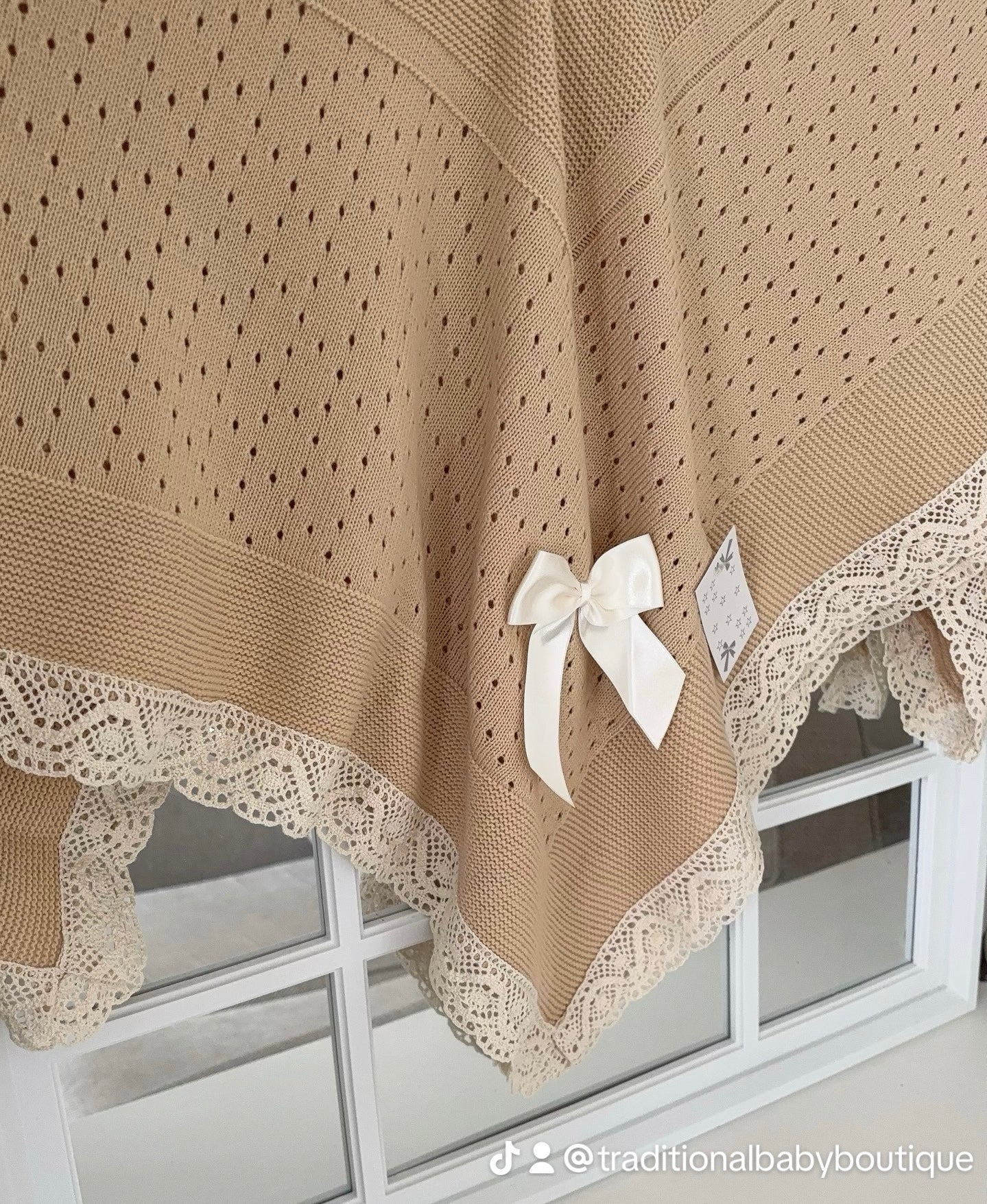 Crochet lace and ribbon shawl - Biscuit with cream trim