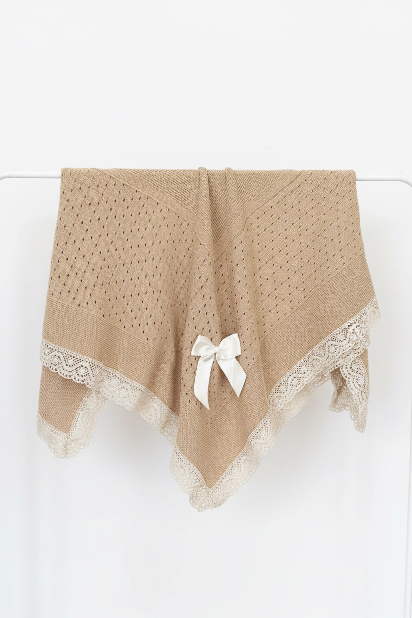 Crochet lace and ribbon shawl - Biscuit with cream trim