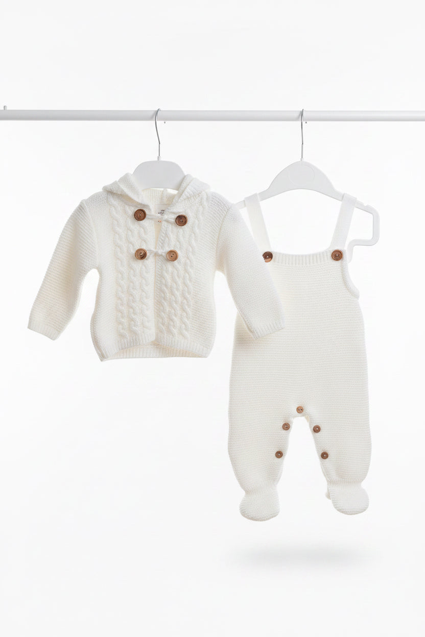 Unisex knitted dungarees and cardigan
