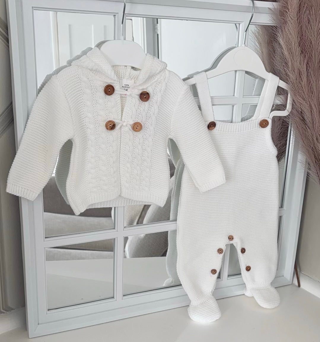 Unisex knitted dungarees and cardigan