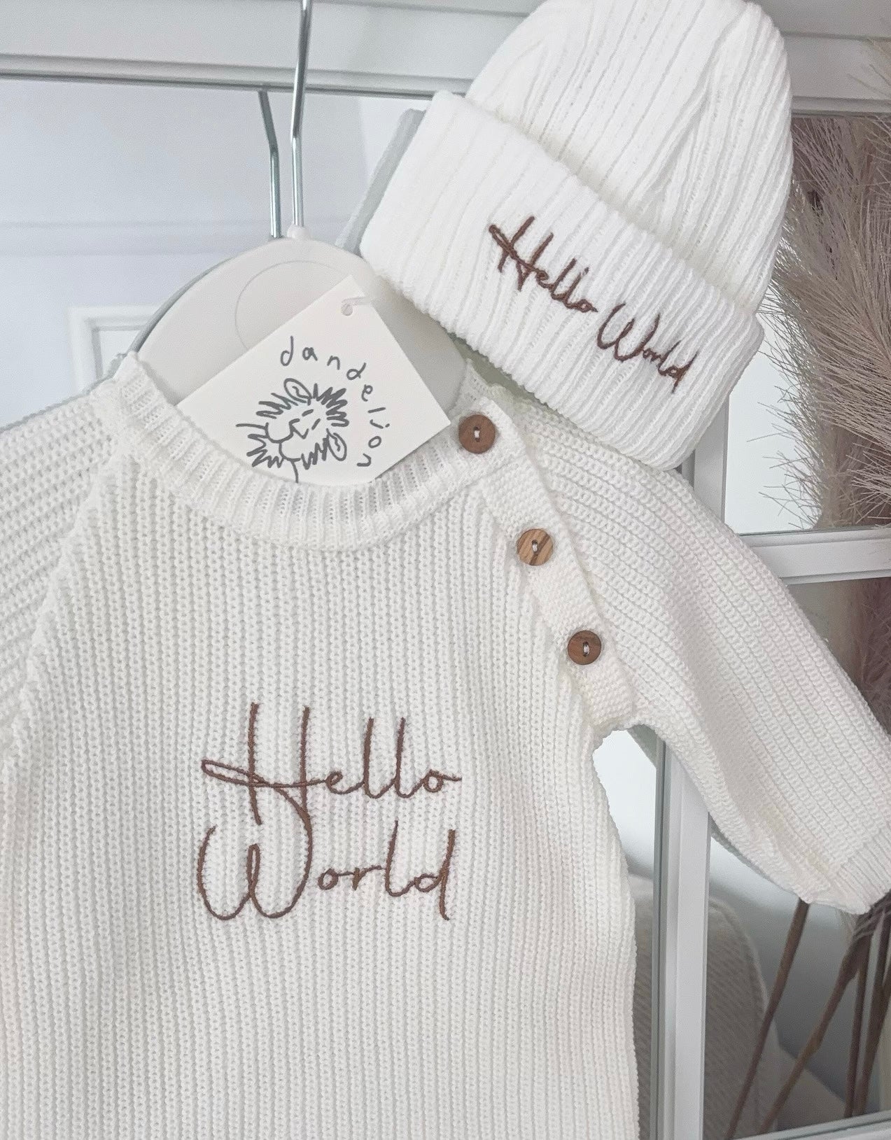 Baby knitted romper with hat “Hello world”