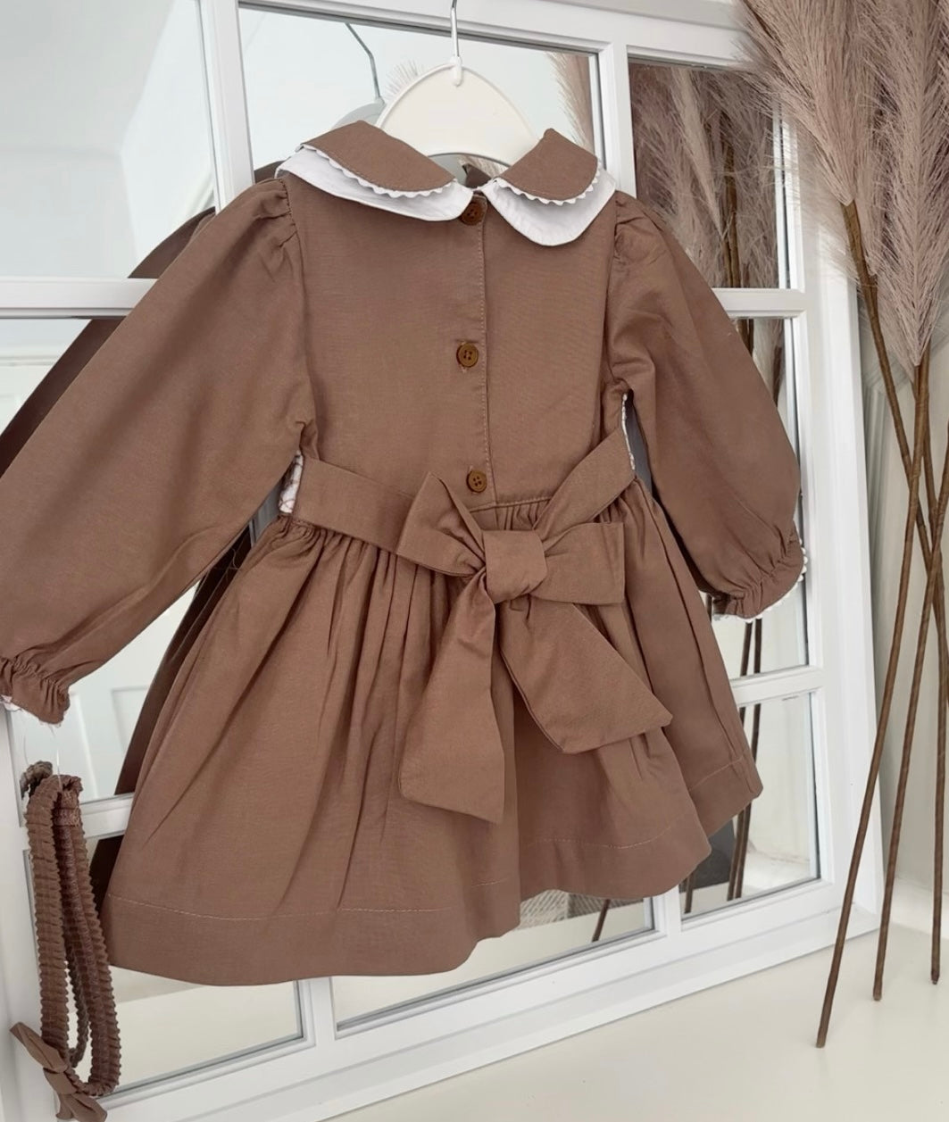 Baby girls smocked “Teddy” dress with headband and knickers