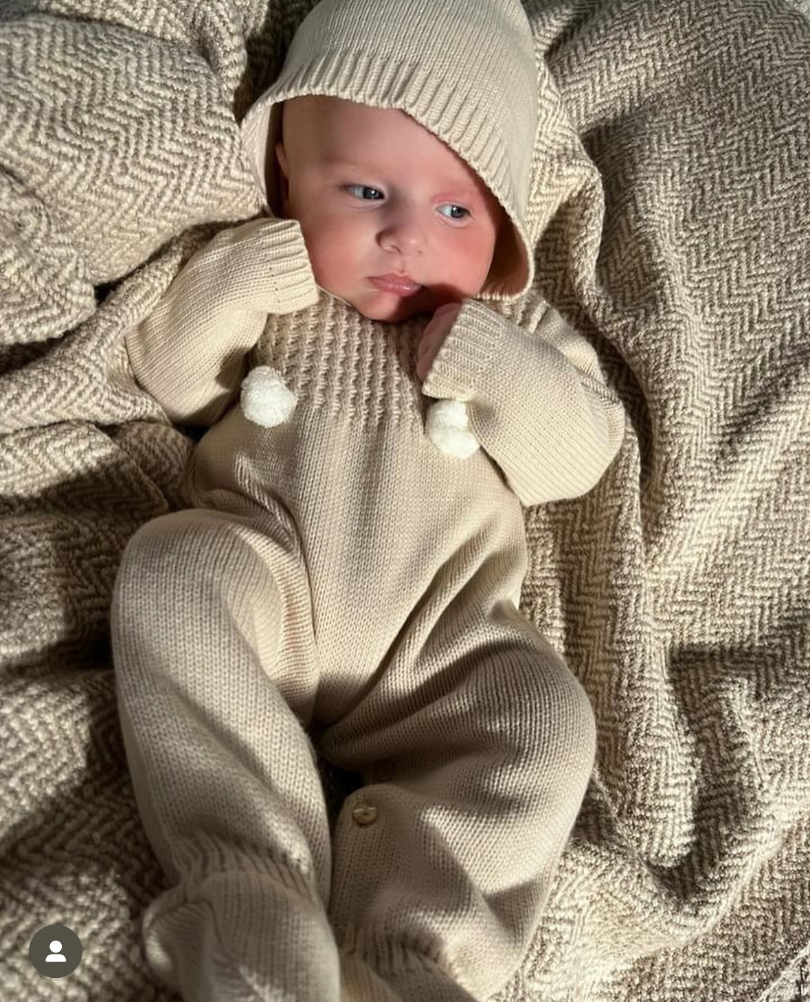 Unisex beige knitted all in one with bonnet