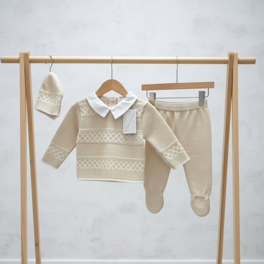 Baby boys beige Portuguese knitted set with hat - one size newborn-3m