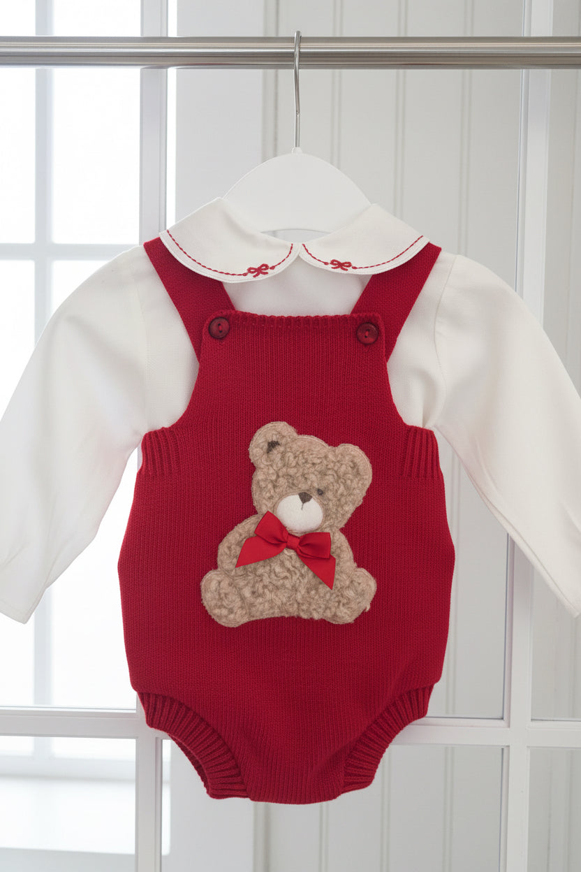 Red knitted “Teddy" Dungaree Set