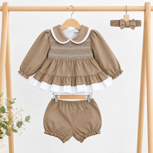 Baby girls Latte smocked top and bloomer set with matching headband