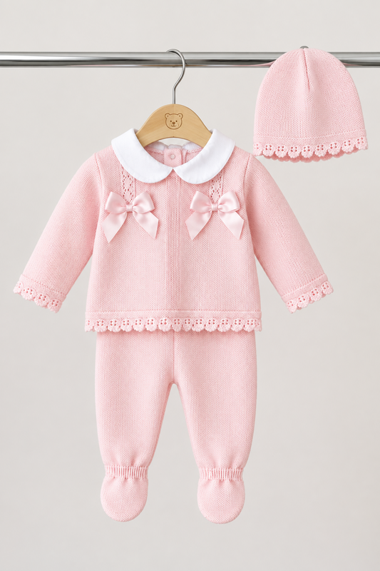 Baby girls Portuguese double bow knitted set with hat - One size only newborn-3m