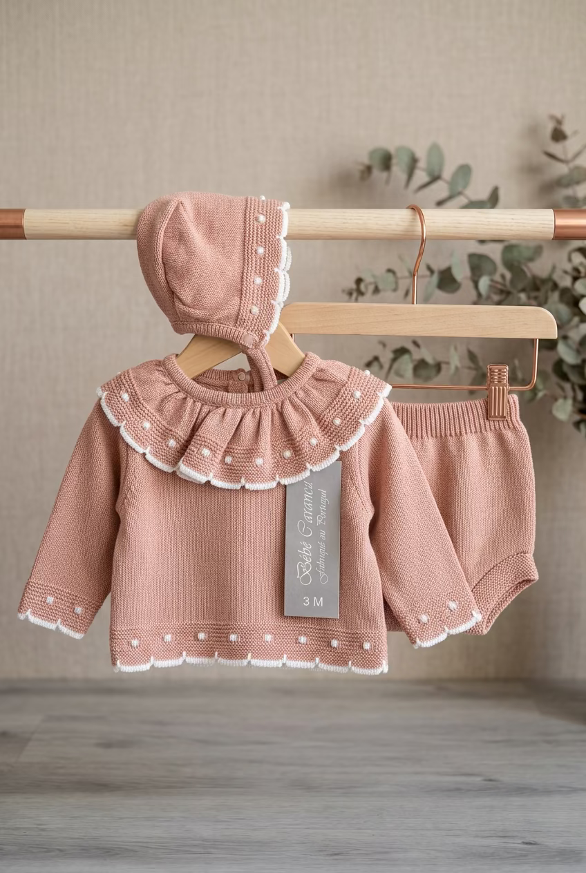 Baby girls dusky pink knitted set with bonnet