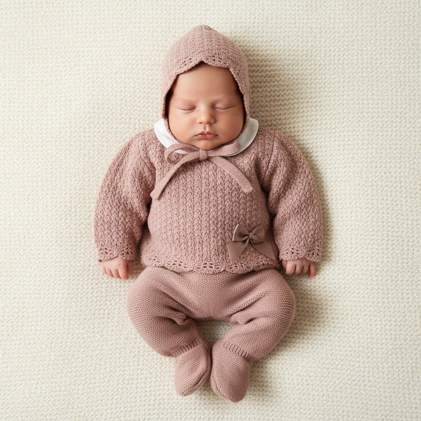 Baby girls Portuguese knitted set with bonnet - One size only
