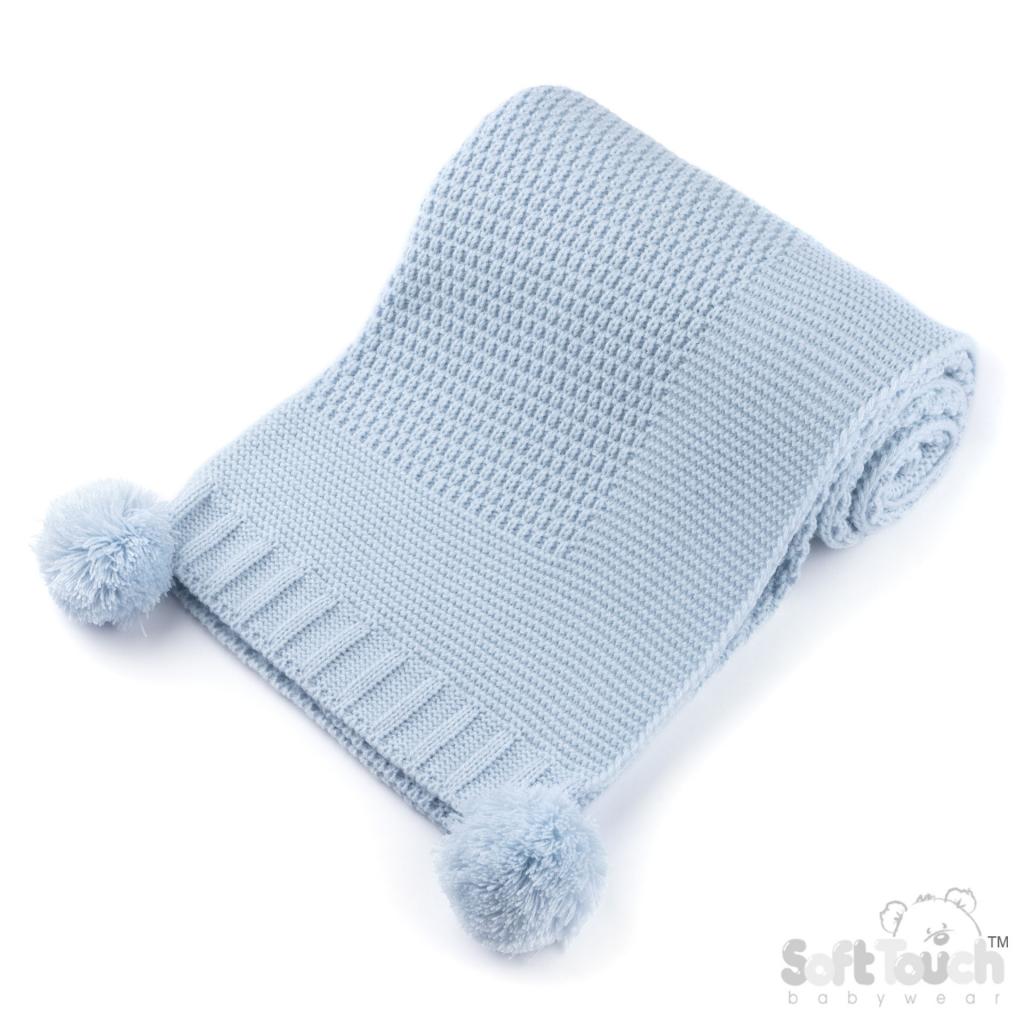 Blue Elegance Ribbed Wrap with Pom Poms