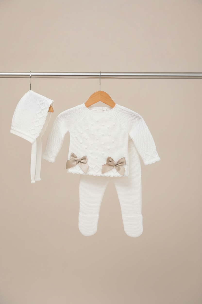Baby girl’s luxurious knitted set with matching bonnet