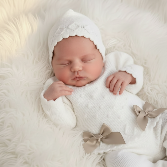 Baby girl’s luxurious knitted set with matching bonnet